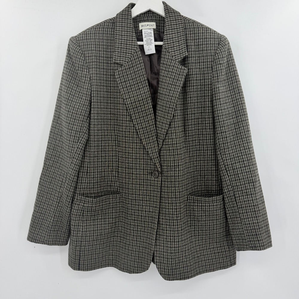 White Stag Blazer Women Size 12 Grey Houndstooth Wool Blend Single Button Jacket